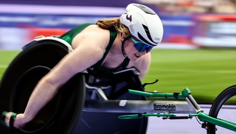Shauna Bocquet in action in in her T54 1,500m heat at the Stade de France. Photograph: Tom Maher/Inpho