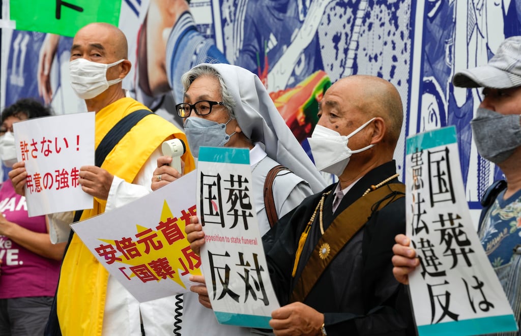 A protest in Tokyo against the provision of a state funeral for former Japanese Prime Minister Shinzo Abe, who was assassinated in July. Photograph: Kimimasa Mayama