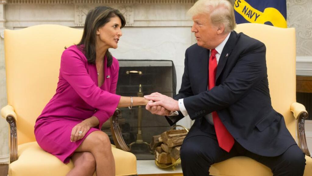 Nikki Haley with US president Donald Trump in the Oval Office on Tuesday, where they announced her resignation as US ambassador to the UN. Photograph: Michael Reynolds/EPA