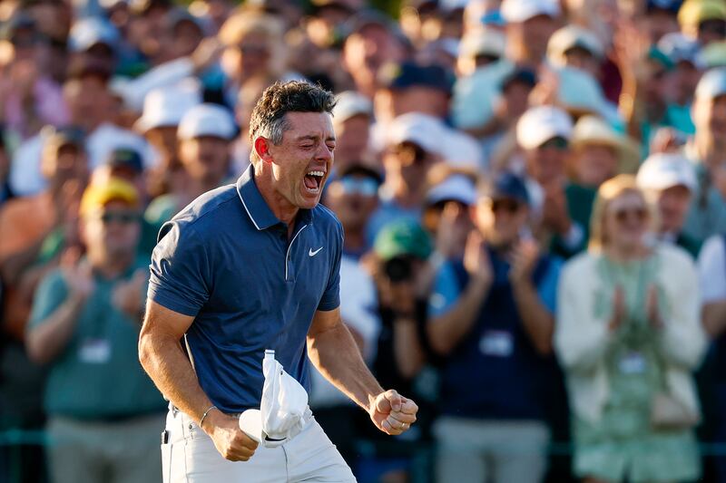 Rory McIlroy celebrates winning the Masters after a playoff against Justin Rose at Augusta National. Photograph: Harry How/Getty Images