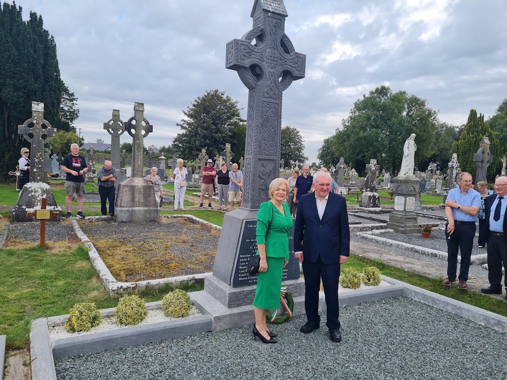 Former taoiseach Bertie Ahern with the chairwoman of the Gen Liam Lynch Committee Cllr Deirdre O Brien at the republican plot in Kilcrumper Old Cemetery, Fermoy, Co Cork. Photograph: Barry Roche