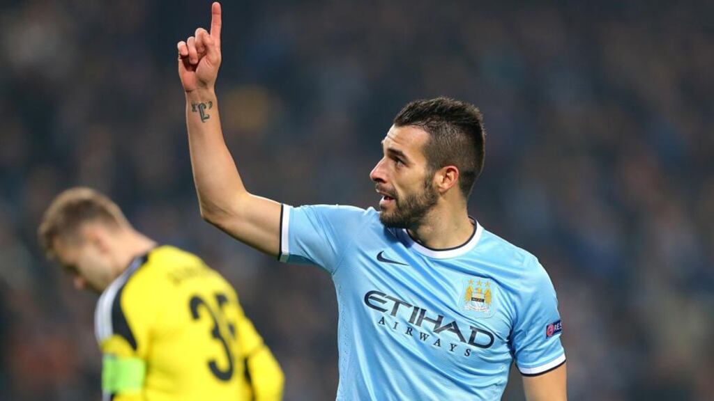 Manchester City’s Alvaro Negredo celebrates scoring his side’s fourth goal againts CSKA Moscow at the Etihad Stadium. Photograph: Dave Thompson/PA Wire