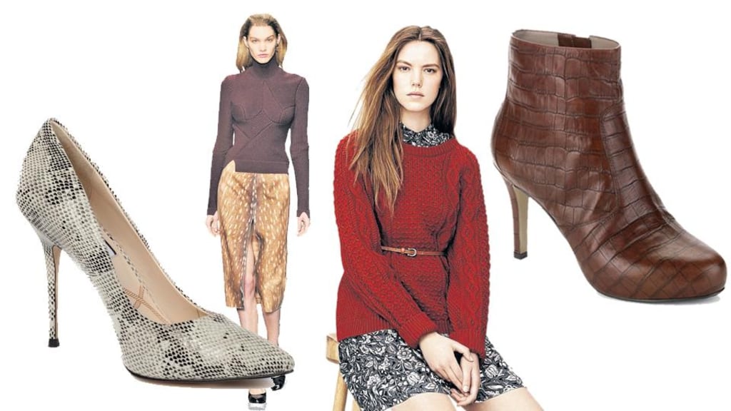 (L-R) Snake effect courts, €195, Lucy Choi at Arnotts. Carven featured fitted sweaters on the catwalk; Aran 'Eleanor' sweater, €120 Hobbs, Dundrum Town Centre; Mock Croc ankle boot, €140, Rockport.