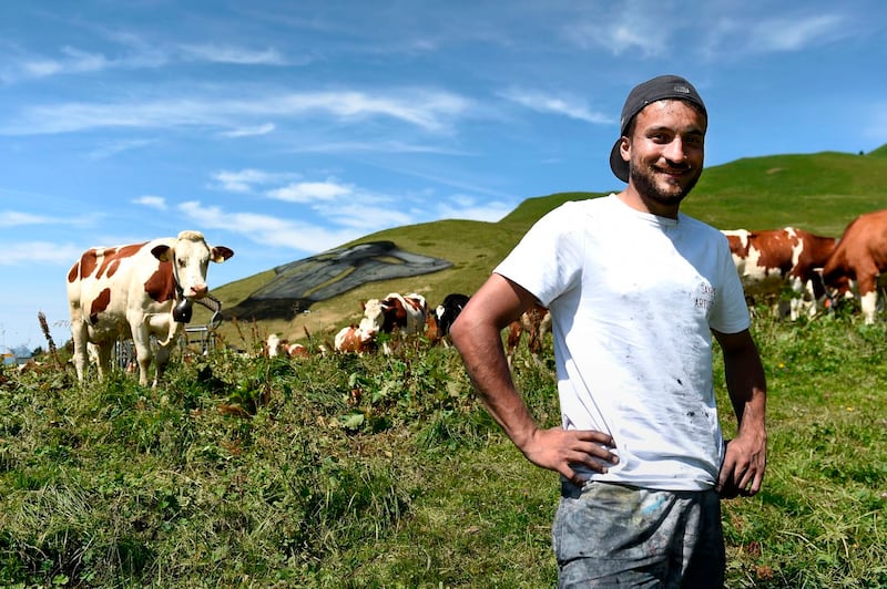 Saype: the artist in front of the mountainside fresco. Photograph: Alain Grosclaude/AFP/Getty