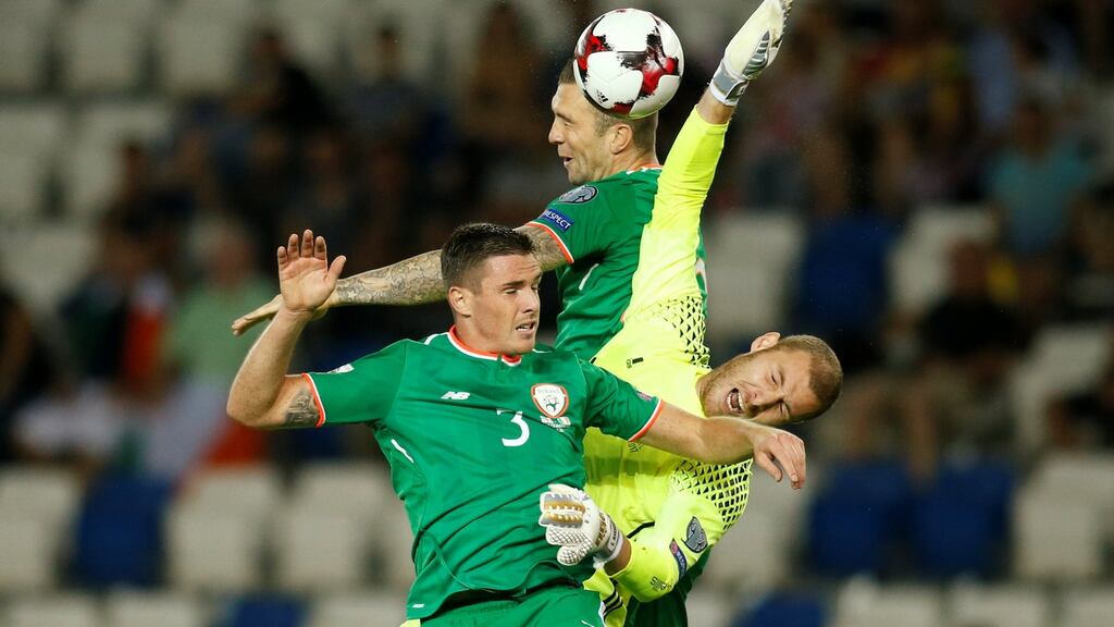 Shane Duffy puts Ireland in front in the fourth minute of the game with a header against Georgia. Photograph: David Mdzinarishvili/Reuters