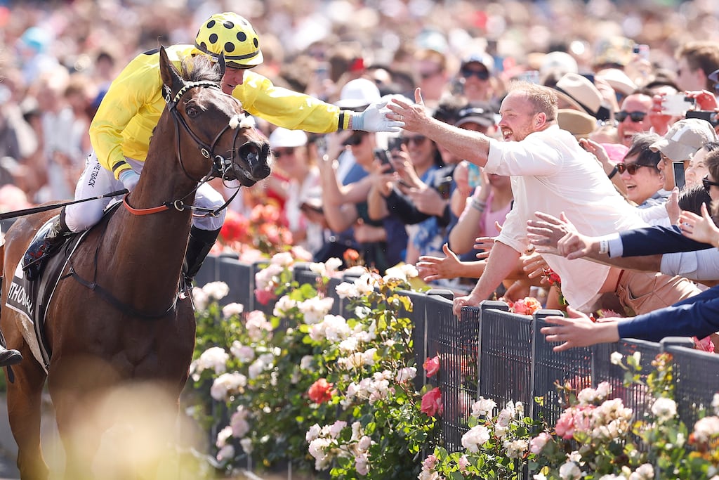 Jockey Mark Zahra is congratulated by a racegoer after Without A Fight's win in the Melbourne Cup at Flemington Racecourse. Photograph: Daniel Pockett/Getty Images