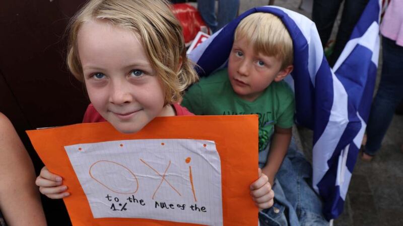 Some of the younger protestors at the Central Bank in Dublin in support of the Greek solidarity movement. Photograph: Nick Bradshaw