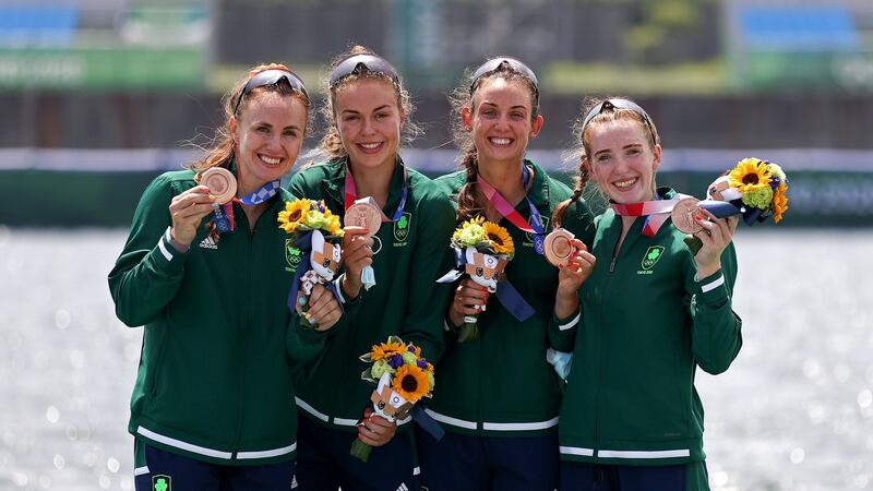 Aifric Keogh, Eimear Lambe, Fiona Murtagh and Emily Hegarty of Team Ireland pose with their bronze medals in the Women’s Four Final A at the Tokyo 2020 Olympic Games on July 28th. Photograph: Naomi Baker/Getty Images