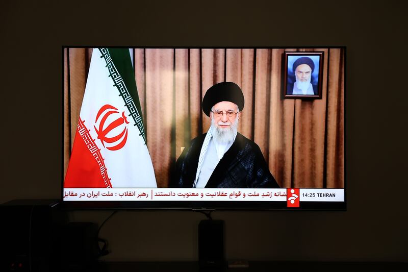 Iranian state television broadcasts a message from supreme leader Ayatollah Ali Khamenei. Photograph: Abedin Taherkenareh/EPA