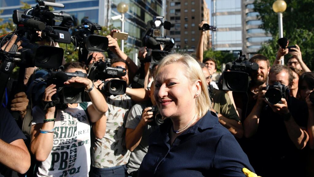 Ines Madrigal, who alleges she was one of Spain’s “stolen babies” and has taken former doctor Eduardo Vela to court for falsifying her birth certificate to give her to her adoptive mother, outside court in Madrid on Tuesday. Photograph: Juan Medina/Reuters