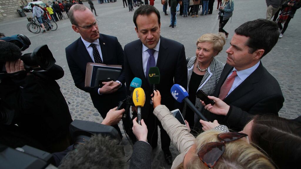 The Fine Gael negotiating team of Simon Coveney, Leo Varadkar, Frances Fitzgerald and Pascal Donohoe in Trinity College Dublin. Photograph: Nick Bradshaw