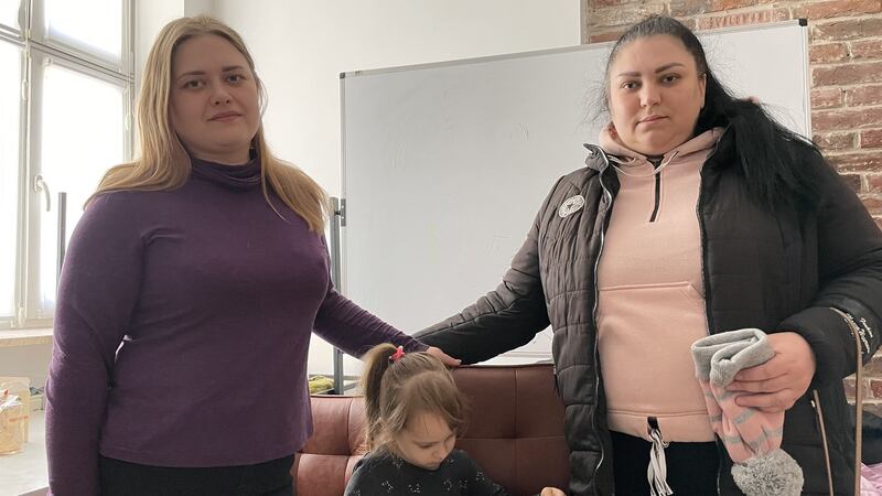 Viktoria Sulima (left), daughter Yevheniya and sister Natalya Fyodorova, who fled to Lviv from war-torn eastern Ukraine. Yevheniya spent her fourth birthday sheltering from shelling in a basement in her hometown of Severodonetsk. Photograph: Daniel McLaughlin