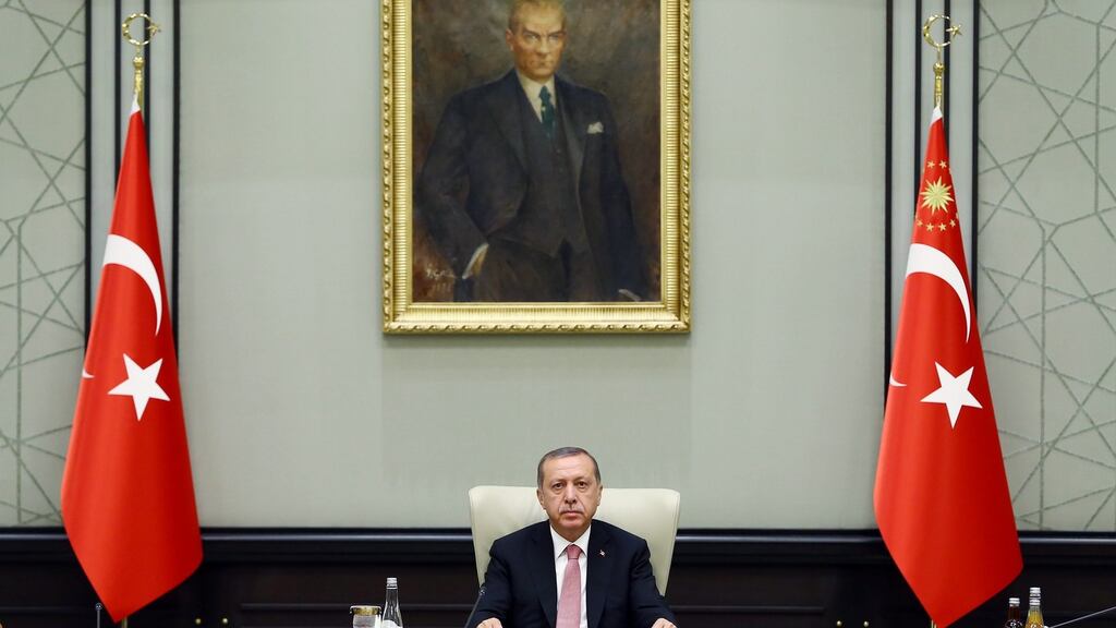 Turkish president Recep Tayyip Erdogan attends a security council meeting in Ankara, Turkey. Photograph: Turkish presidential press office/EPA