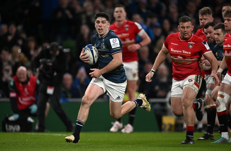 Jimmy O'Brien breaks clear to score Leinster's fifth try during the Heineken Champions Cup quarter-final against Leicester at the Aviva Stadium. Photograph: Charles McQuillan/Getty Images