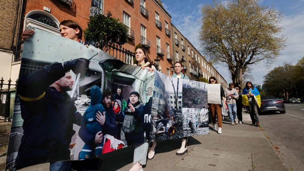 File photograph of members of the Ukrainian community in Ireland protesting. Members of the community have called for the banning of planned pro-Russian rallies. File photograph: Alan Betson/The Irish Times