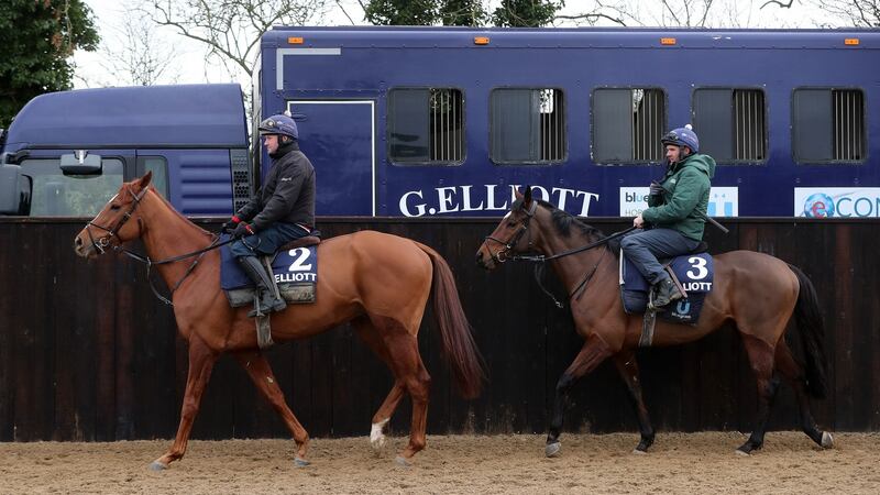 Samcro and Tiger Roll are put through their paces at Gordon Elliott’s yard. Photograph: Niall Carson/PA