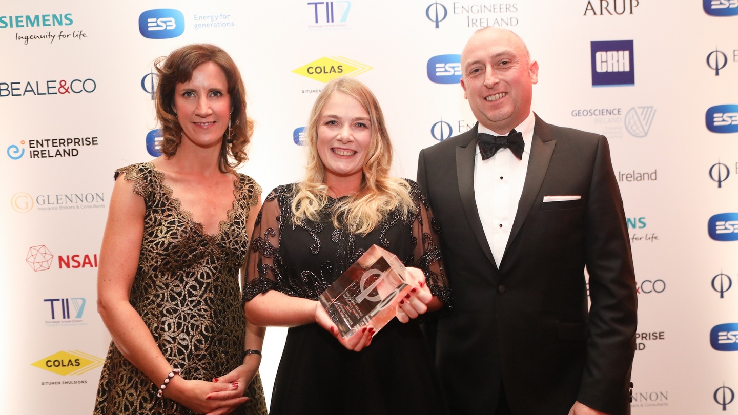 The Chartered Engineer of the Year Award went to Aoife Murphy of David Kelly Partnership, pictured with Caroline Spillane, director general of Engineers Ireland and award sponsor, Donal McDaid, Infrastructure Businesses and Services Group leader at Arup Ireland.
