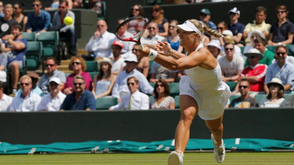 Angelique Kerber hits a return during her women’s singles quarter-final against Eugenie Bouchard. Photograph: Suzanne Plunkett/Reuters