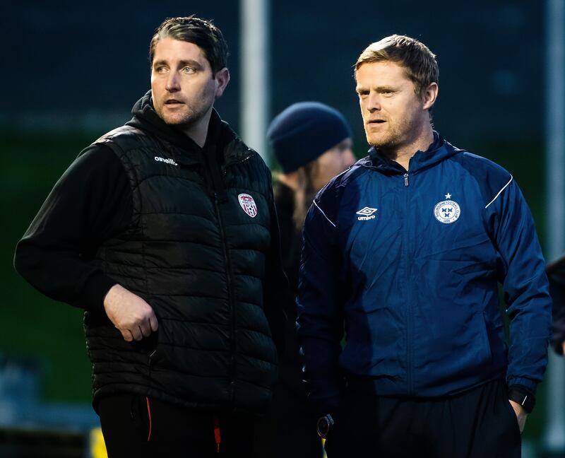 Derry City manager Ruaidhrí Higgins with Shelbourne manager Damien Duff before a league clash this year at the Ryan McBride Brandywell Stadium in Derry. Photograph: Evan Logan/Inpho