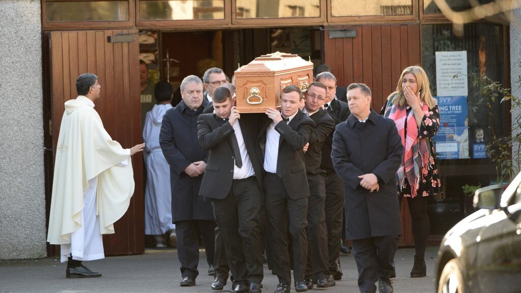 The remains of Eric Fowler are carried from the Church of St Philip the Apostle, Mountview, Clonsilla, Dublin. Photograph: The Irish Times