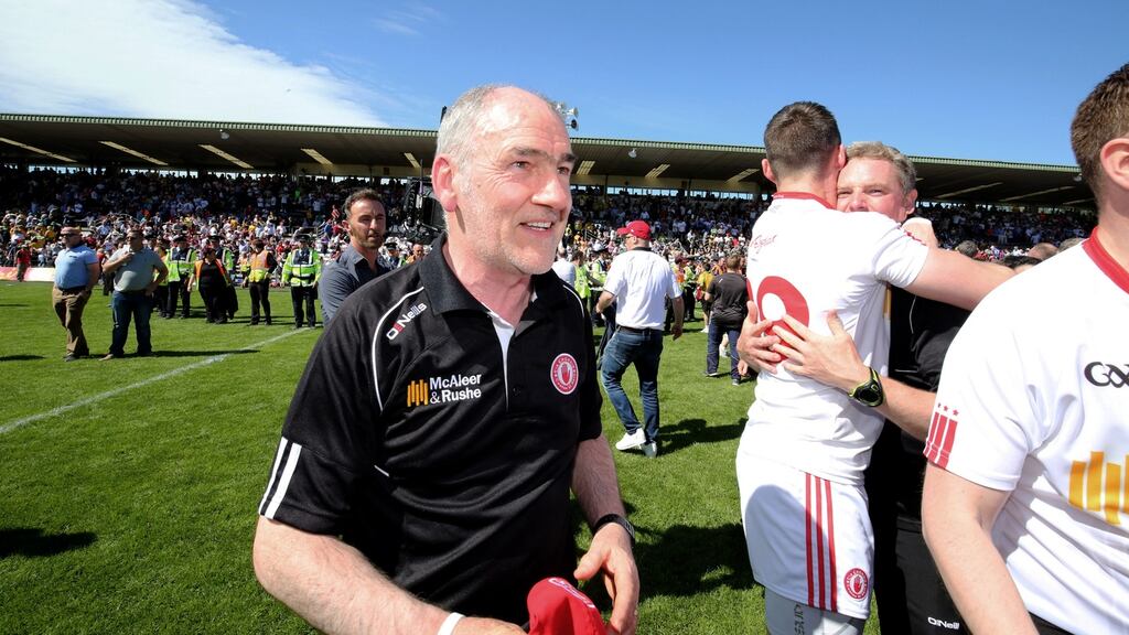 Mickey Harte’s Tyrone came from behind to beat Donegal and win the Ulster championship. Photograph: Inpho
