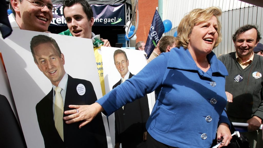 Fionnuala Kenny the wife of the Fine Gael leader Enda`Kenny with cardboard images of her husband , at a rally of supporters in Dublin’s Temple Bar in 2007 Photograph: Eric Luke