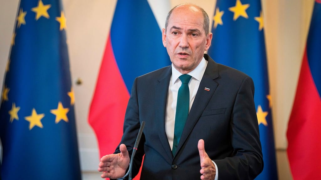 Janez Jansa, president of the Slovenian Democratic Party (SDS), addresses media during a press conference after a meeting with Slovenian president Borut Pahor  in Ljubljana on Wednesday. Photograph: Jure Makovec/AFP/Getty