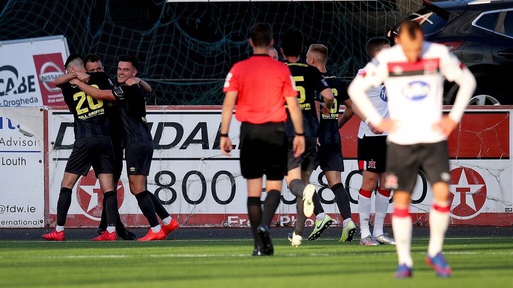 St Patrick Athletic’s Robbie Benson celebrates scoring his side’s equaliser during the Airtricity League match against Dundalk. Photo: Ryan Byrne/Inpho