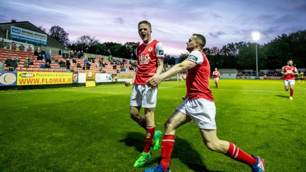 Thomas Byrne celebrates his late penalty for St Pat’s against Sligo Rovers. Photograph: Morgan Treacy/Inpho