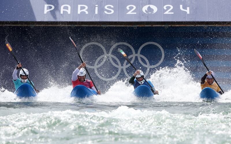 Spain's Miquel Trave and Manuel Ochoa, Irishman Liam Jegou and Jiri Prskavec of the Czech Republic at the start of their heat in the Men Kayak Cross of the Canoeing Slalom competitions. Photograph: Maxim Shipenkov/EPA-EFE
