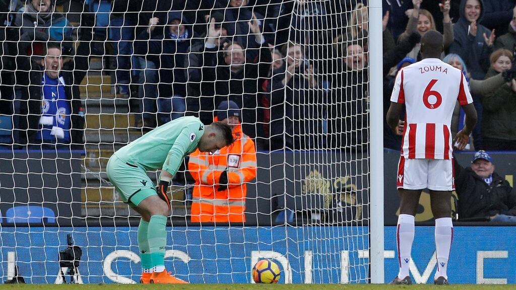 Stoke City’s Jack Butland looks dejected after scoring an own goal in their Premier League clash with Leicester City. Photo: Darren Staples/Reuters