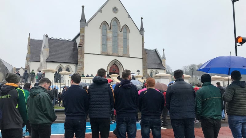 Mourners outside St Mary’s Church in Castleblaney for the funeral of Stephen Marron. Photograph: PA