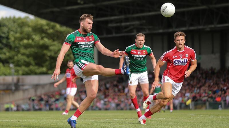 Mayo’s Aidan O’Shea kicks a point against Cork. But there was nothing new in Mayo’s game plan last Saturday. Photograph: Cathal Noonan/Inpho