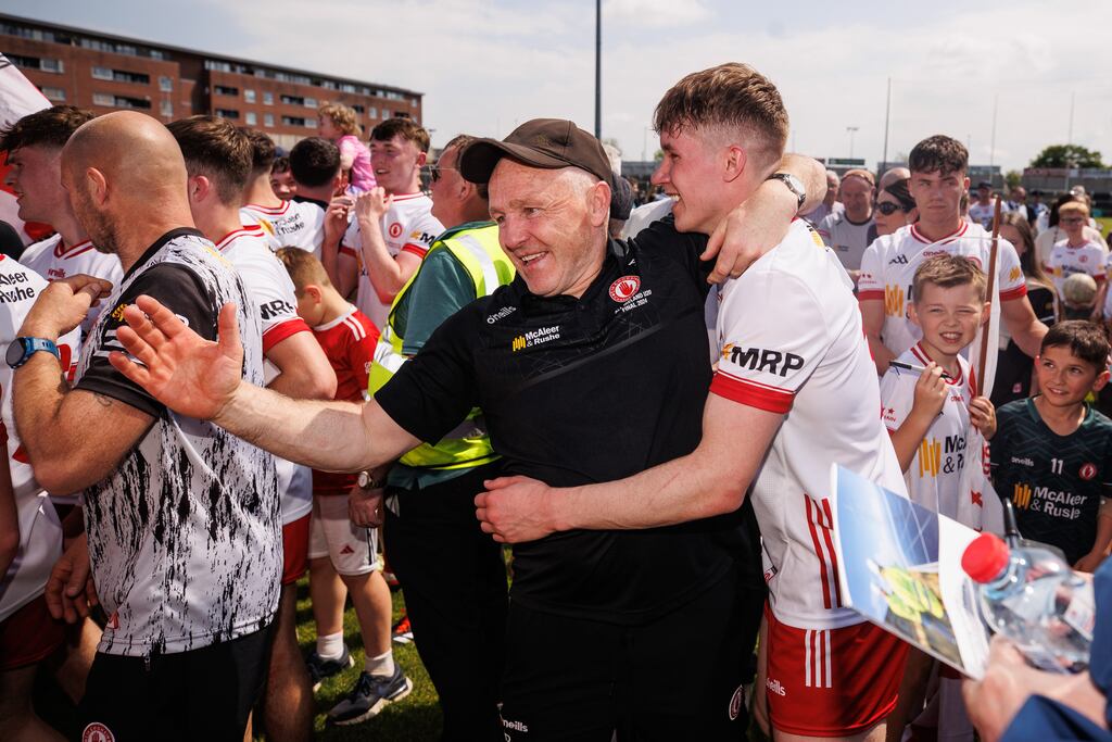 Tyrone Manager Paul Devlin celebrates with Ben Hughes after the win over Kerry in the All-Ireland under-20 FC final. Photograph: Ben Brady/Inpho