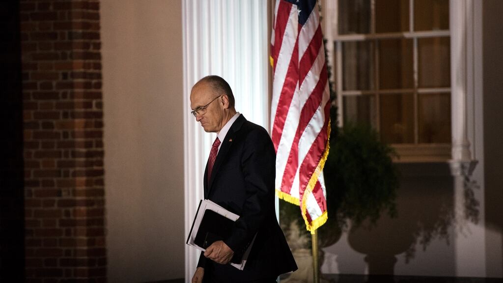 Fast-food restaurant tycoon Andrew Puzder, after a meeting, outside the clubhouse at the Trump National Golf Club Bedminster, New Jersey in November. Photograph: Hilary Swift/The New York Times