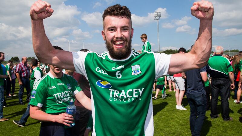 Fermanagh’s James McMahon celebrates victory over Monaghan at Healy Park. Photograph: Tommy Dickson/Inpho