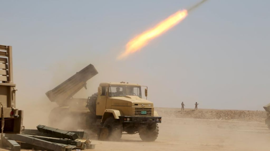 Iraqi security forces fire a rocket at Islamic State positions on the outskirts of Anbar province, Iraq, August 22nd, 2015. Photograph: Reuters