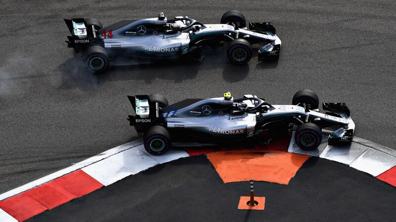Valtteri Bottas takes a corner ahead of his Mercedes team-mate Lewis Hamilton during the Russian Grand Prix in Sochi. Photograph: Clive Mason/Getty Images