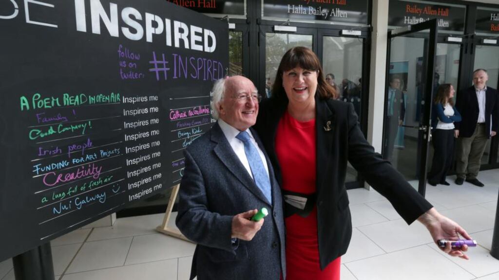 President Michael D Higgins and EU Máire Geoghegan-Quinn, European commissioner for research, innovation and science, after writing what inspires them at the Coimbra conference at NUI Galway. President Higgins wrote: “Good company”; and Ms Geoghegan-Quinn wrote: “Family”. Photograph: Joe O’Shaughnessy