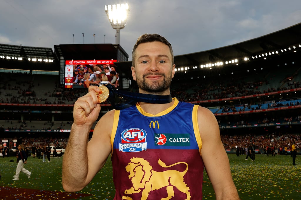 Conor McKenna of the Brisbane Lions celebrates after the AFL Grand Final victory over Sydney Swans at the Melbourne Cricket Ground. Photograph: Darrian Traynor/AFL Photos/via Getty Images