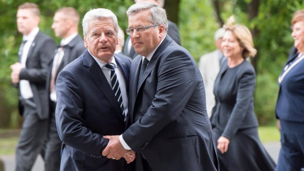 German president Joachim Gauck (left) and Polish president Bronisaw Komorowski at the commemoration of the start of the second World War 75 years ago in Gdansk, Poland, on Monday. Photograph: Maurizio Gambarini/EPA