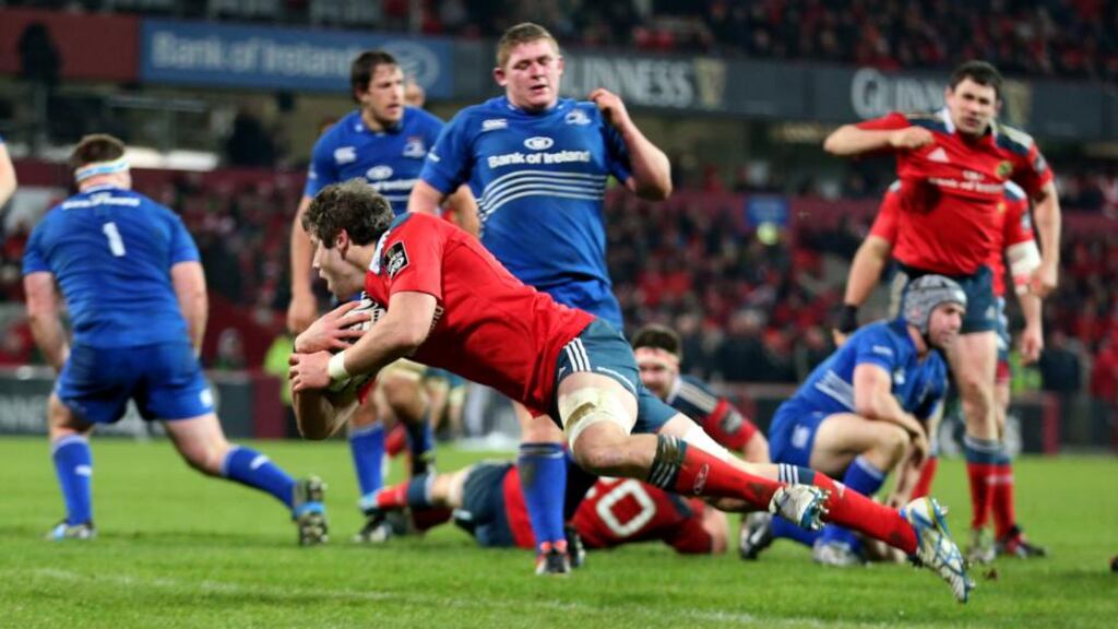 Dave O’Callaghan scores a try for Munster against Leinster on St Stephen’s Day, a game that featured none of the regular Irish internationals. Photograph: Dan Sheridan