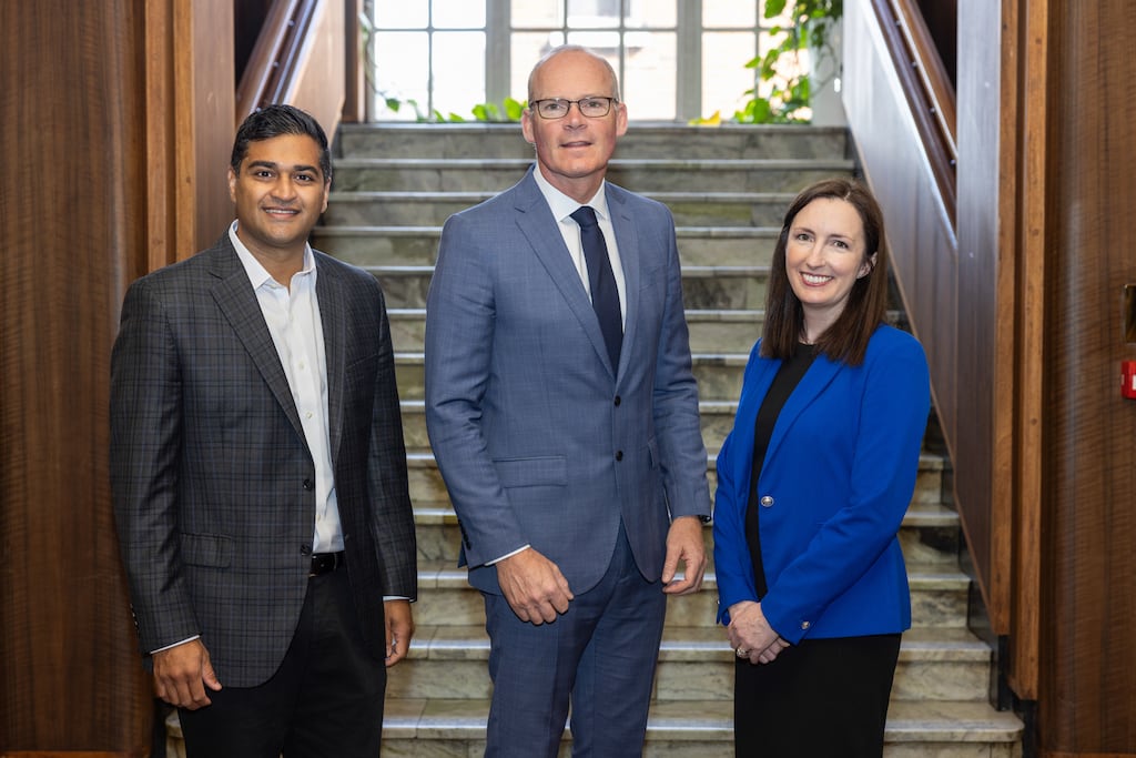 Adil Syed, chief executive of Rippling Payments Ireland; Minister for Enterprise and Employment Simon Coveney; and Siobhán Hanley, head of fintech at the IDA, at the Rippling jobs announcement.