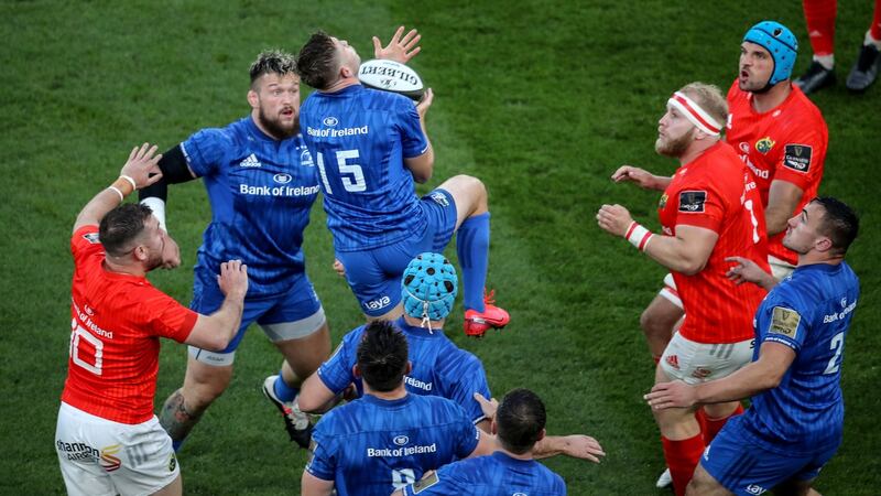 Jordan Larmous claims a high ball during Leinster’s win over Munster. Photograph: Dan Sheridan/Inpho