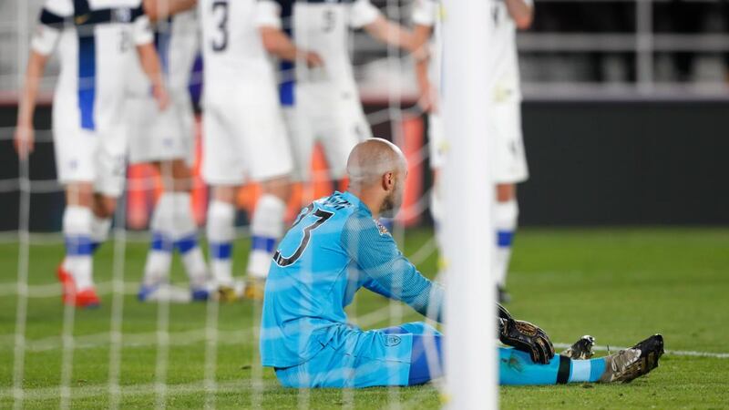Darren Randolph reacts after Fredrik Jensen’s winner against Ireland. Photograph: Kalle Parkkinen/Inpho
