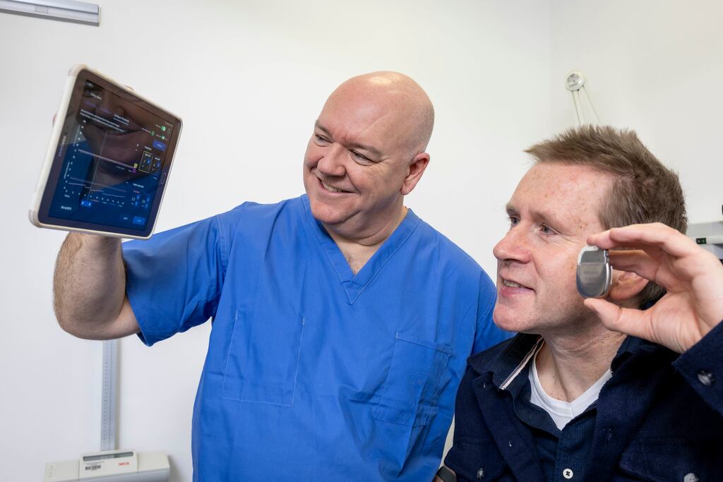 Prof Paul Murphy and Kevin Collins. Prof Murphy fitted Collins with a spinal cord stimulator (SCS) to relieve the pain of his multiple sclerosis. Photograph: Fennell Photography