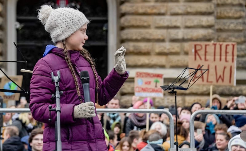 Swedish climate activist Greta Thunberg speaks on stage during a demonstration of students calling for climate protection on March 1st in front of Hambourg city hall in Germany. Photograph: Axel Heimken/AFP/Getty