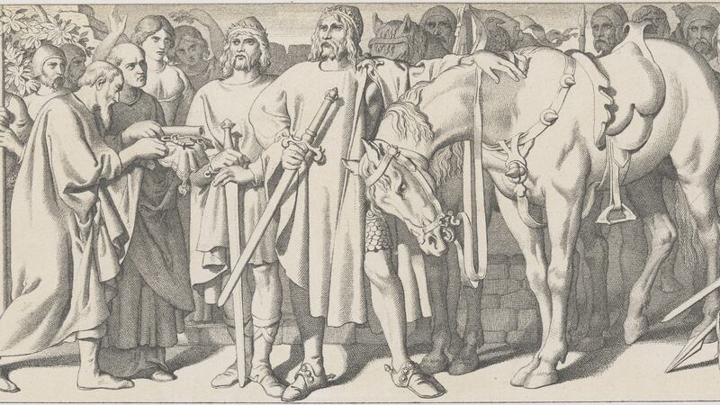 Tostig Godwinson, brother of King Harold II of England, and King Harald Hardrada of Norway receive the submission of the city of York, 1066. Shortly afterwards, they were both killed at the nearby Battle of Stamford Bridge. Engraving by L Gruner after Daniel Maclise RA. Photograph: Hulton Archive/Getty Images