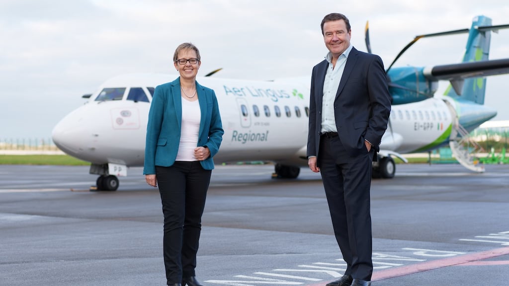 Conor McCarthy, chief executive of Emerald Airlines, with Aer Lingus CEO Lynne Embleton at the announcement last year of the recommencement of Aer Lingus Regional flights. Emerald has carried more than 1 million passengers in that time.  Photograph: Fran Veale/Julien Behal Photography