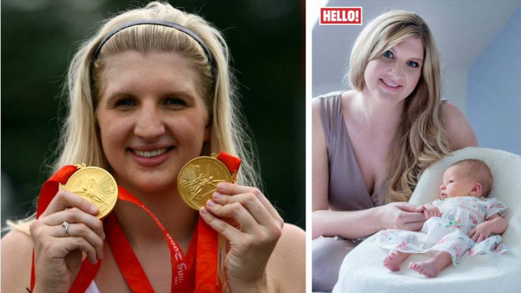 Rebecca Adlington with her Olympic golds, left, and posing for Hello! with Summer, her most prized possession
